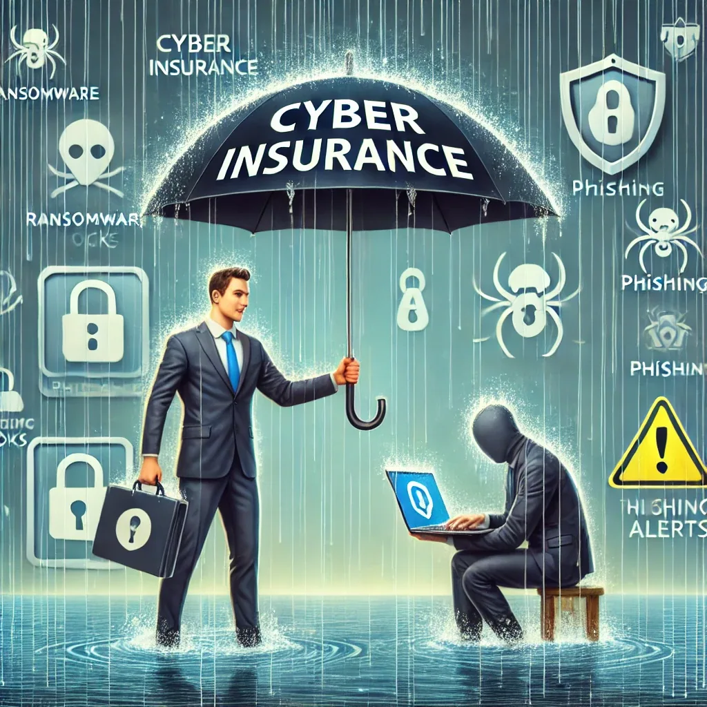 Un homme d’affaires tend un parapluie marqué « Cyber-assurance » au-dessus d’une personne submergée par les menaces : rançongiciel, hameçonnage, alertes.