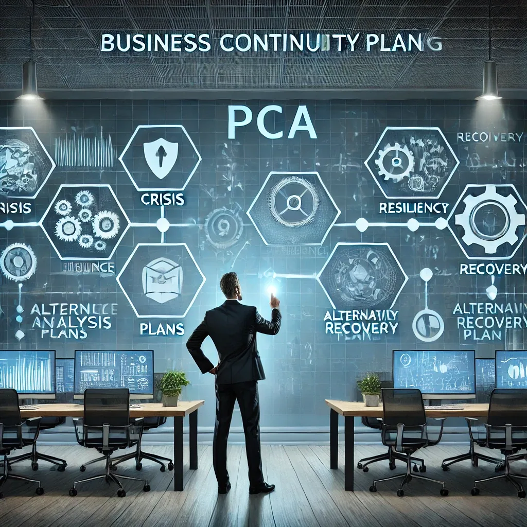 Un professionnel devant un écran mural « PCA », entouré des notions de crise, de reprise et de plans alternatifs.