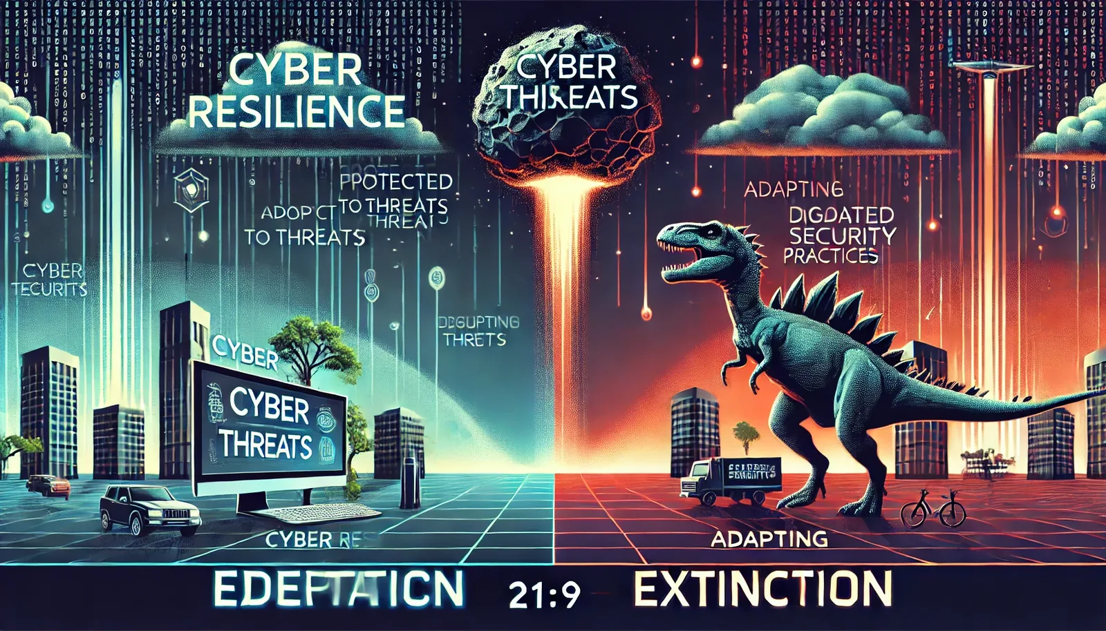 Deux mondes opposés, adaptation contre extinction, avec un dinosaure figurant les organisations qui ne s&rsquo;adaptent pas.