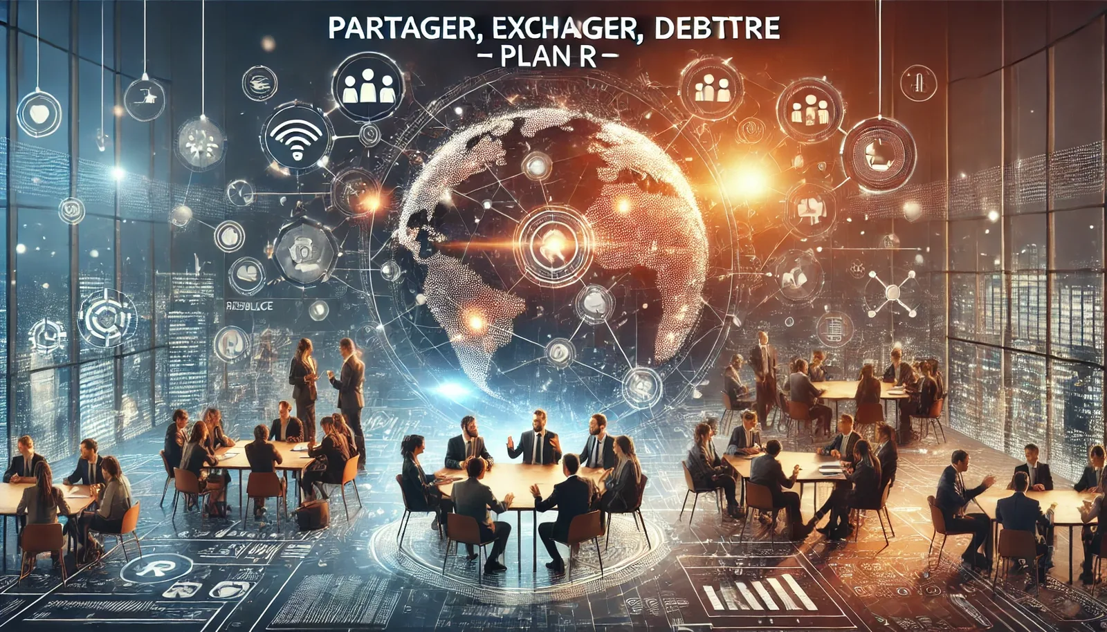 Des équipes réunies autour d&rsquo;un globe connecté, sur le thème « Partager, échanger, débattre ».