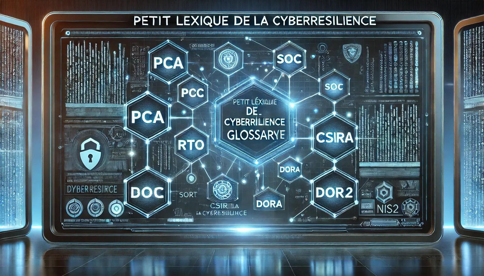 Un écran présentant un lexique de la cyber-résilience : PCA, PCC, RTO, SOC, CSIRT, DORA, NIS2.
