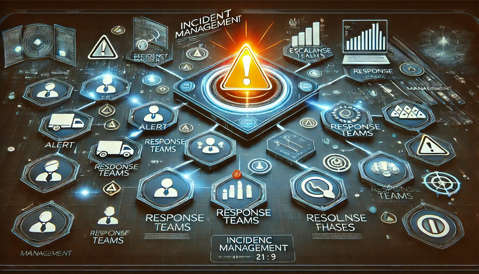 Une alerte centrale entourée des composantes de la gestion d&rsquo;incident : équipes de réponse, escalade, phases de traitement.