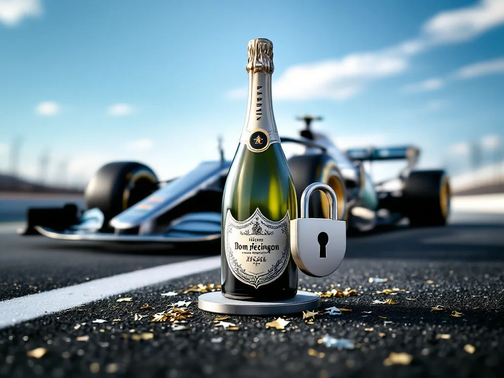 Illustration décalée : une bouteille de champagne fermée par un cadenas, posée sur une piste de course.