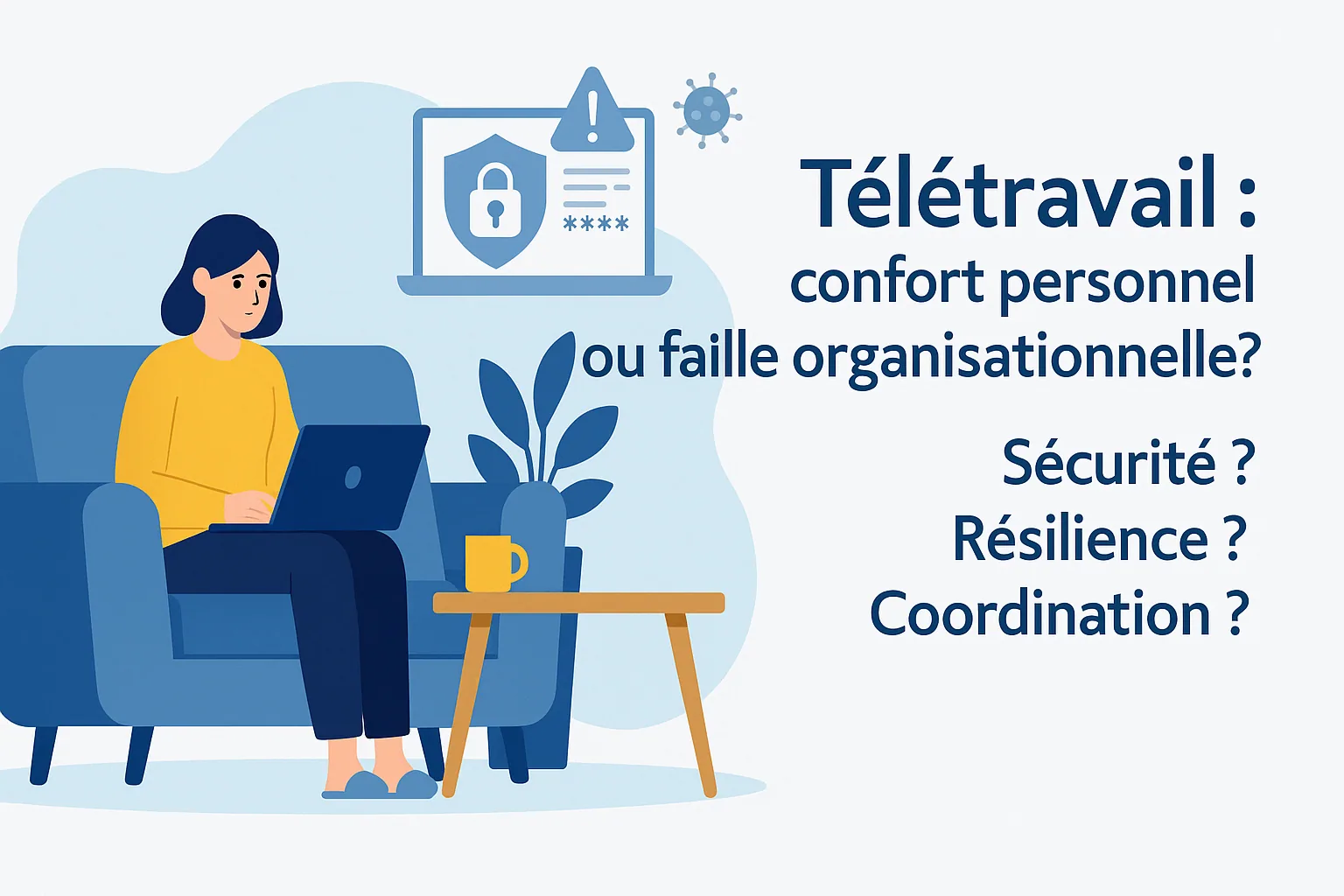 Une personne en télétravail dans son salon, accompagnée des questions « Sécurité ? Résilience ? Coordination ? ».
