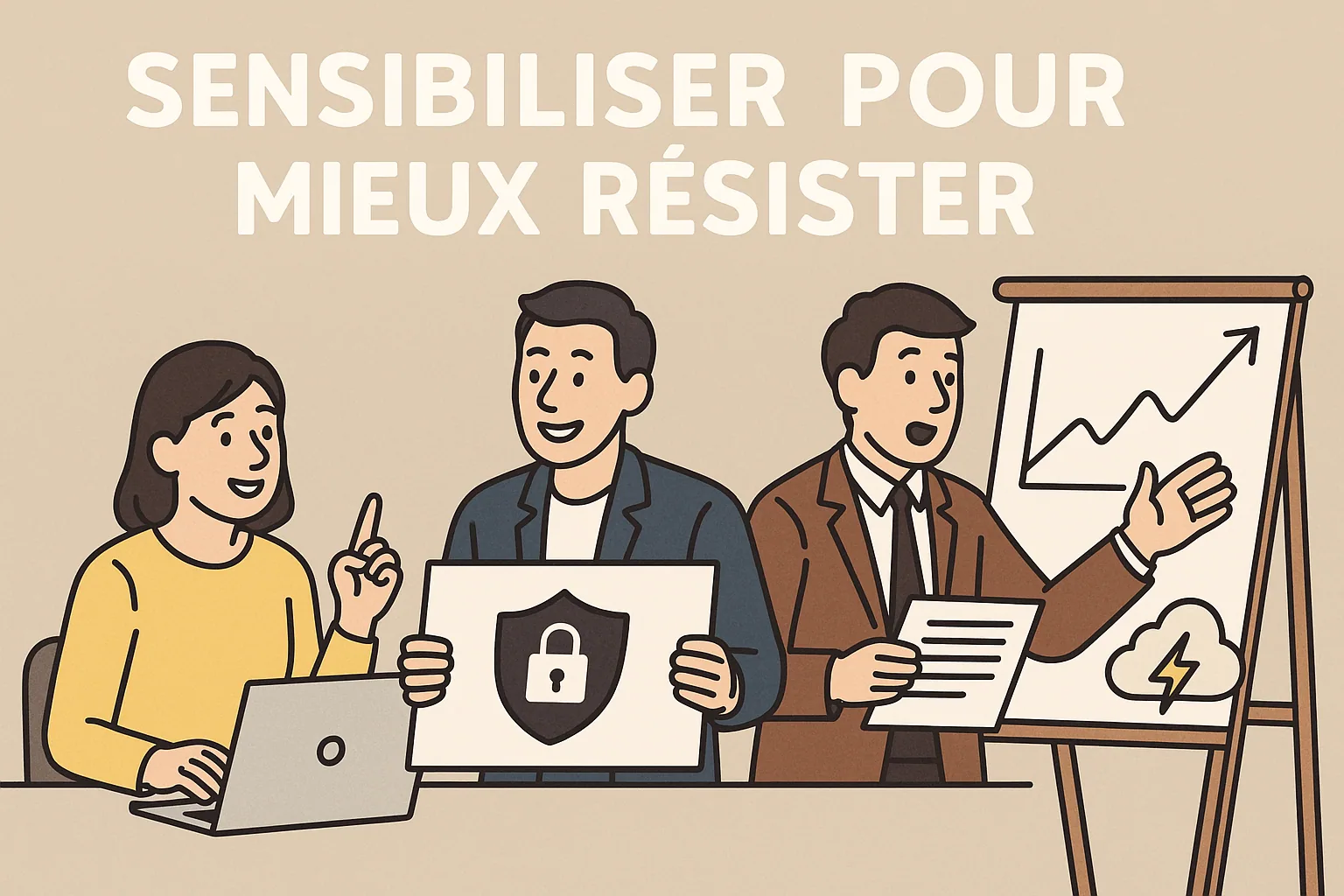 Trois collègues en séance de sensibilisation, sous le titre « Sensibiliser pour mieux résister ».