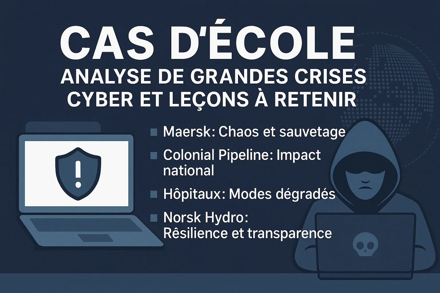 Visuel de titre « Cas d&rsquo;école : analyse de grandes crises cyber et leçons à retenir », citant Maersk, Colonial Pipeline, les hôpitaux et Norsk Hydro.