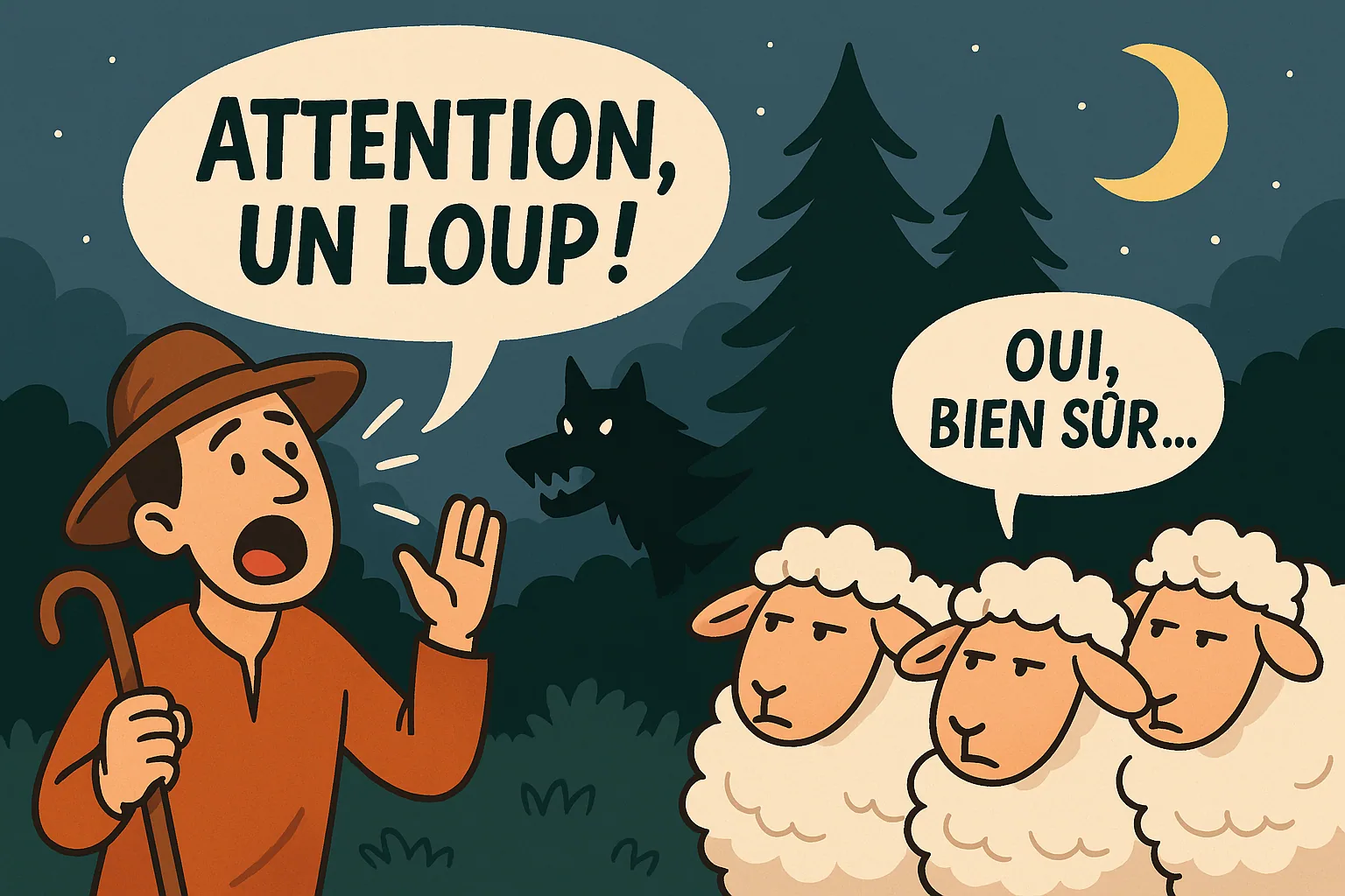 Dessin humoristique : un berger crie « Attention, un loup ! » devant des moutons qui répondent « Oui, bien sûr… » sans bouger.