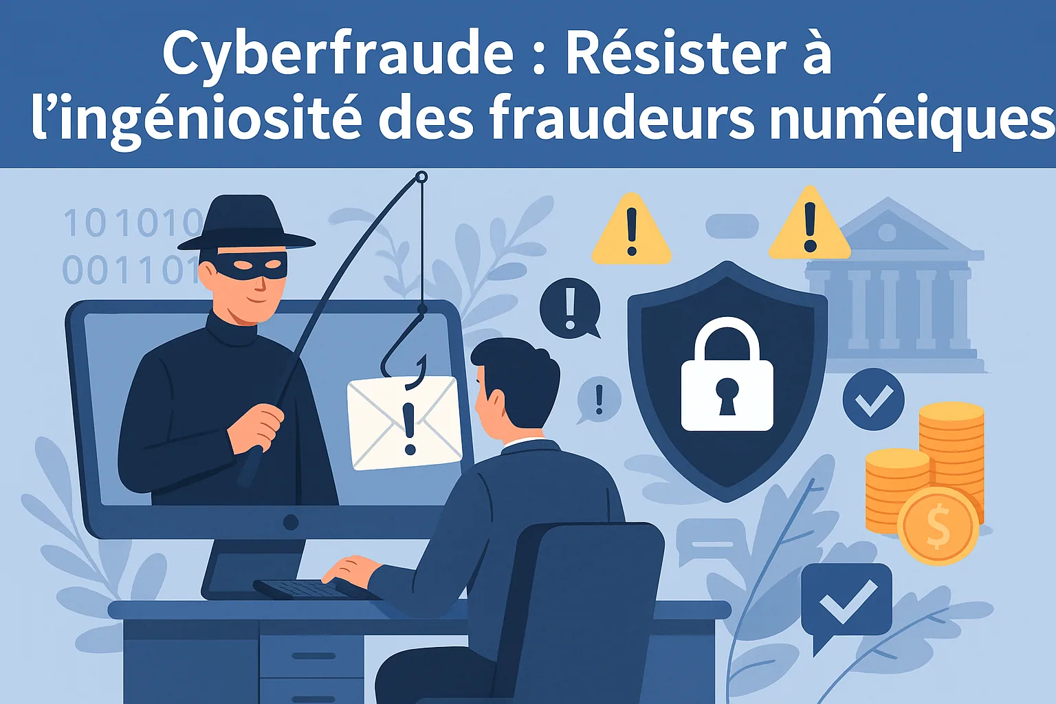 Visuel de titre « Cyberfraude : résister à l’ingéniosité des fraudeurs numériques », avec un attaquant masqué face à un utilisateur.