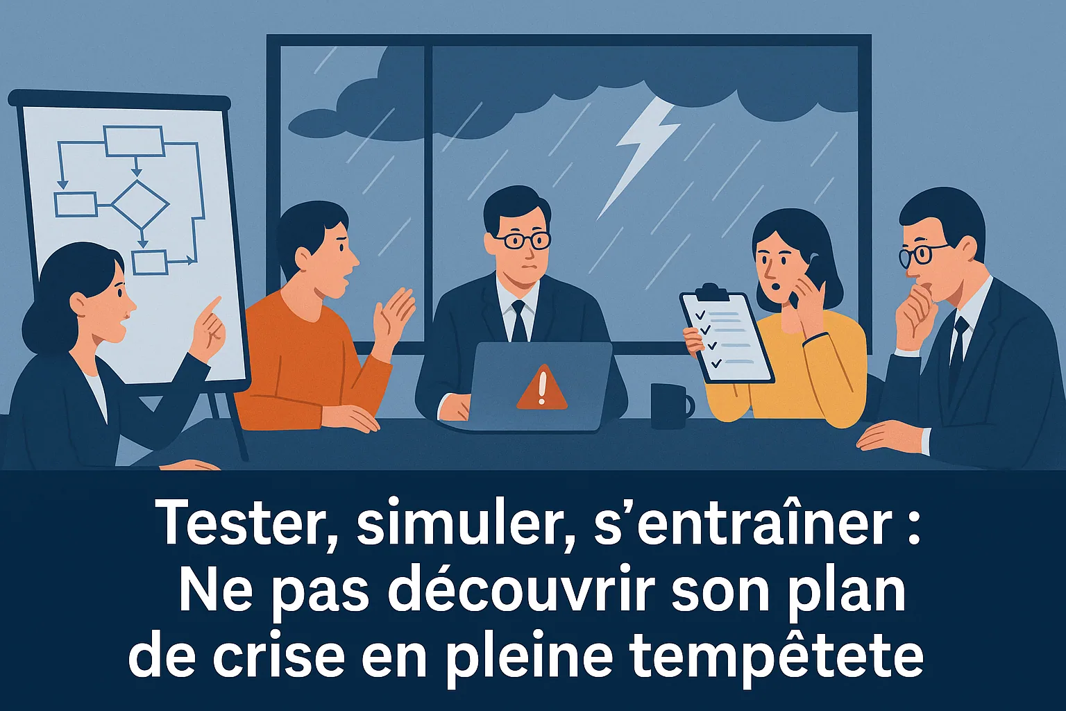 Visuel de titre « Tester, simuler, s’entraîner : ne pas découvrir son plan de crise en pleine tempête », équipe en réunion sous l’orage.