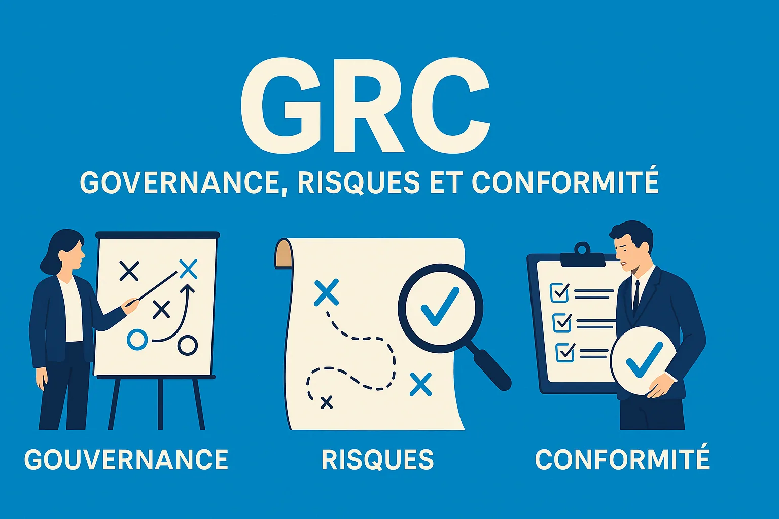 Les trois volets de la GRC illustrés côte à côte : gouvernance, risques et conformité.
