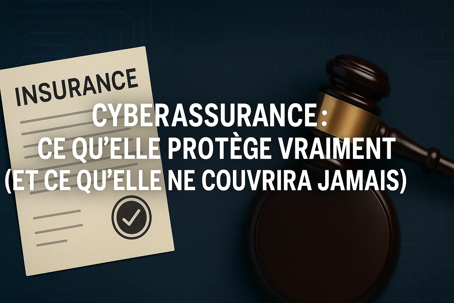 Visuel de titre « Cyberassurance : ce qu&rsquo;elle protège vraiment (et ce qu&rsquo;elle ne couvrira jamais) », police d&rsquo;assurance et marteau de justice.