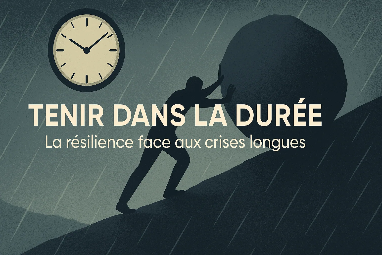 Visuel de titre « Tenir dans la durée : la résilience face aux crises longues », silhouette poussant un rocher sous la pluie.