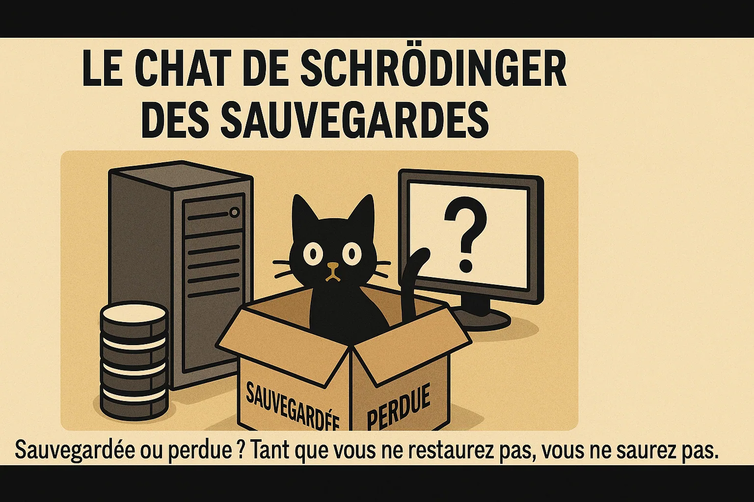 Dessin humoristique « Le chat de Schrödinger des sauvegardes » : sauvegardée ou perdue ? Tant que vous ne restaurez pas, vous ne saurez pas.