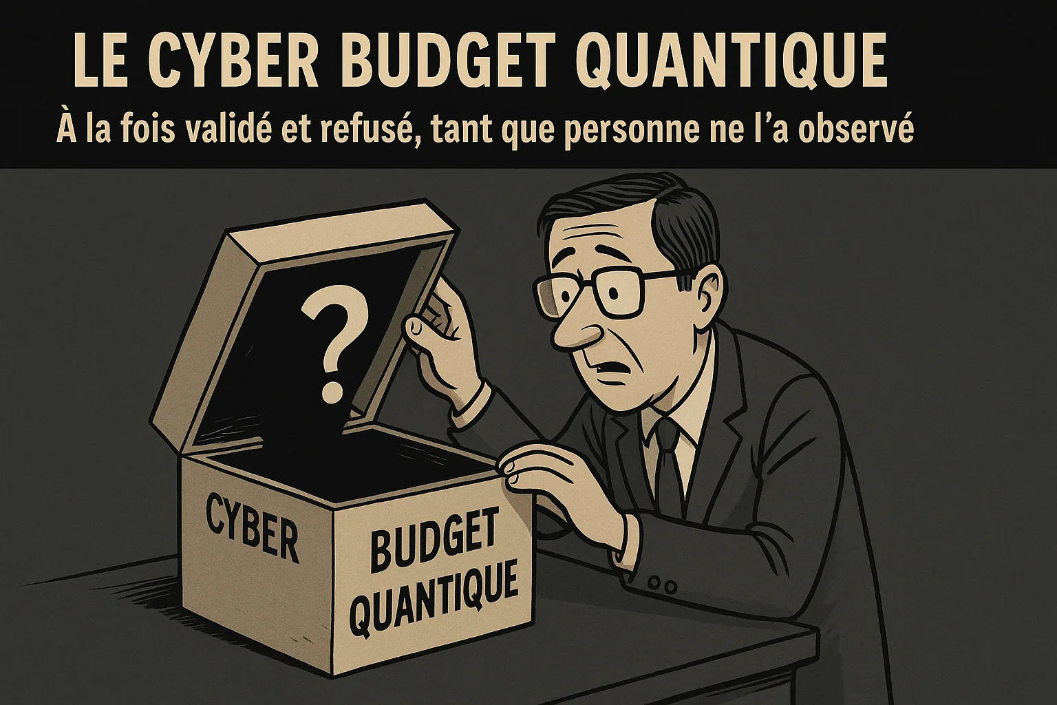 Dessin humoristique « Le cyber budget quantique : à la fois validé et refusé, tant que personne ne l&rsquo;a observé ».