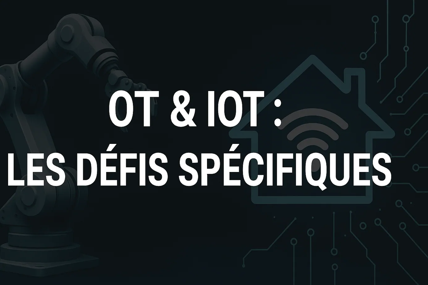 Visuel de titre « OT & IoT : les défis spécifiques », bras robotisé et maison connectée.