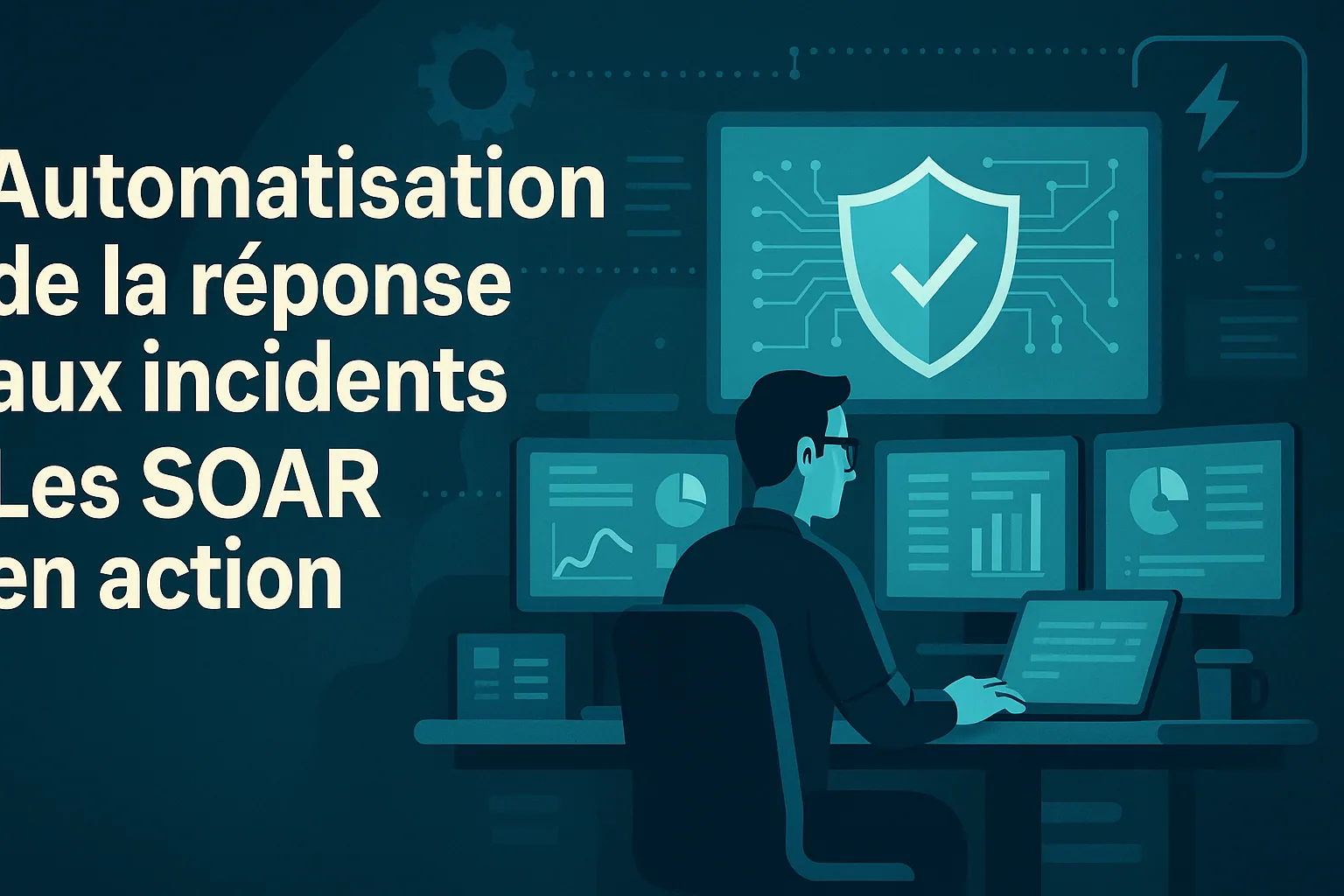 Visuel de titre « Automatisation de la réponse aux incidents : les SOAR en action », analyste devant ses écrans de supervision.