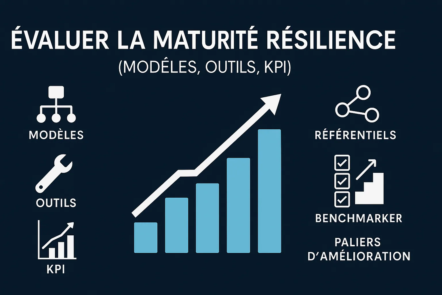Visuel de titre « Évaluer la maturité résilience : modèles, outils et KPI », avec référentiels, benchmark et paliers d’amélioration.