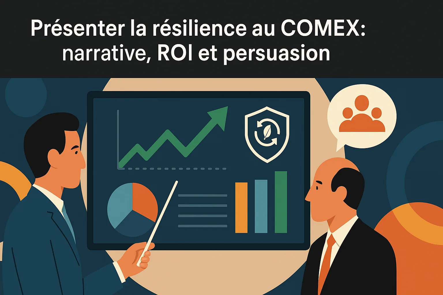Un intervenant présentant des indicateurs de résilience à un dirigeant, devant un écran de graphiques.