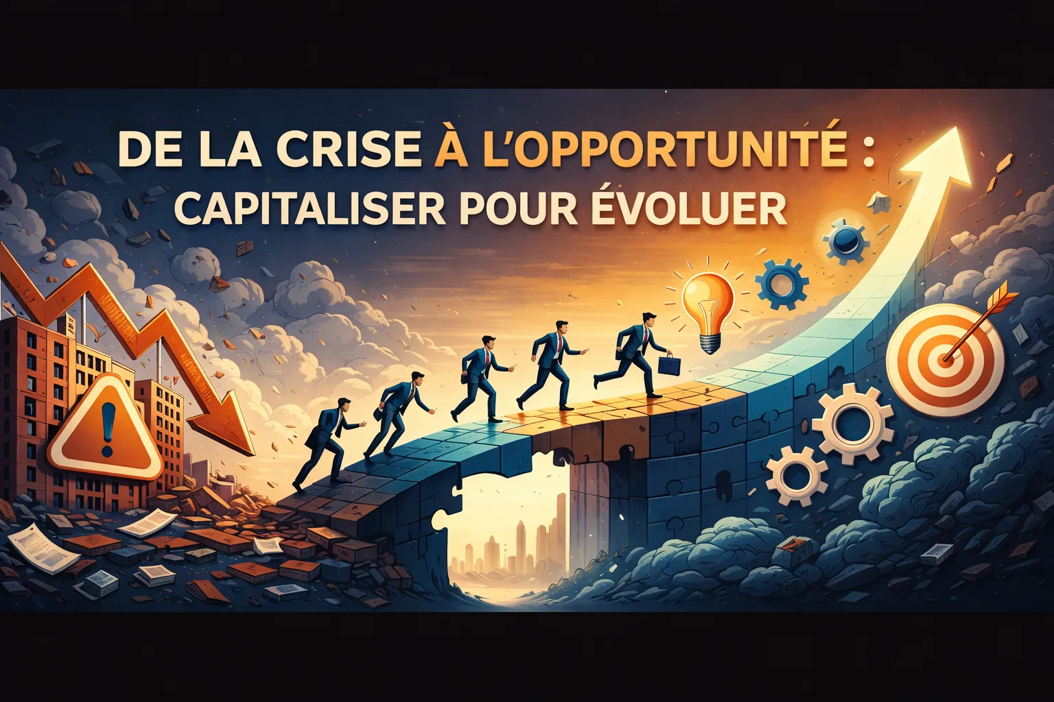Visuel de titre « De la crise à l&rsquo;opportunité : capitaliser pour évoluer », progression sur un escalier reconstruit.
