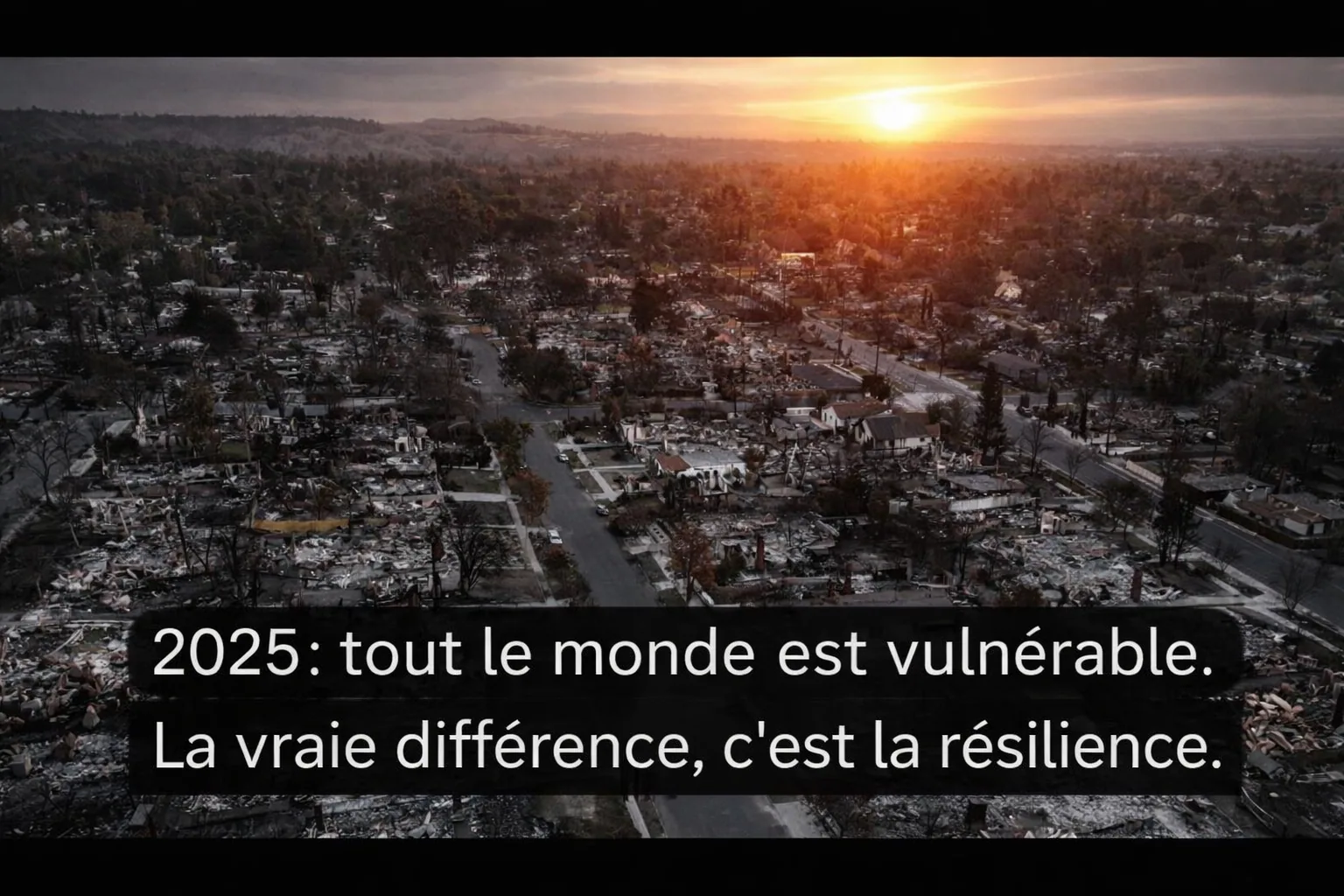 Vue aérienne d&rsquo;une ville au crépuscule, avec la mention « 2025 : tout le monde est vulnérable. La vraie différence, c&rsquo;est la résilience ».