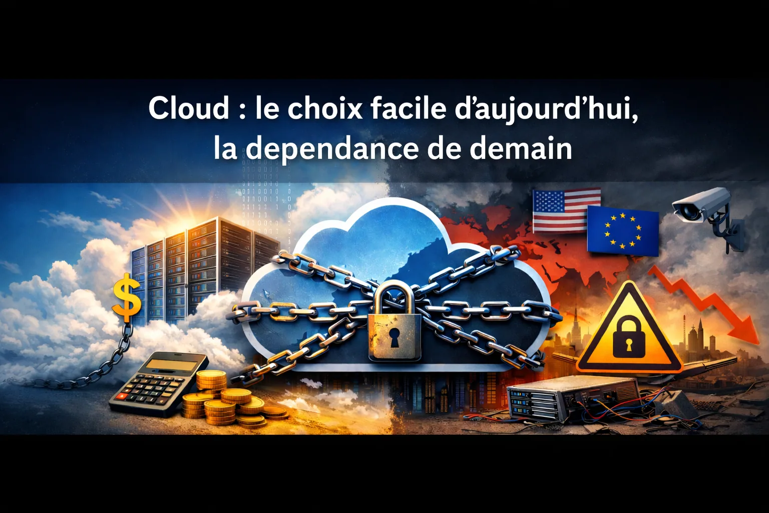 Visuel de titre « Cloud : le choix facile d’aujourd’hui, la dépendance de demain », nuages enchaînés entre drapeaux américain et européen.
