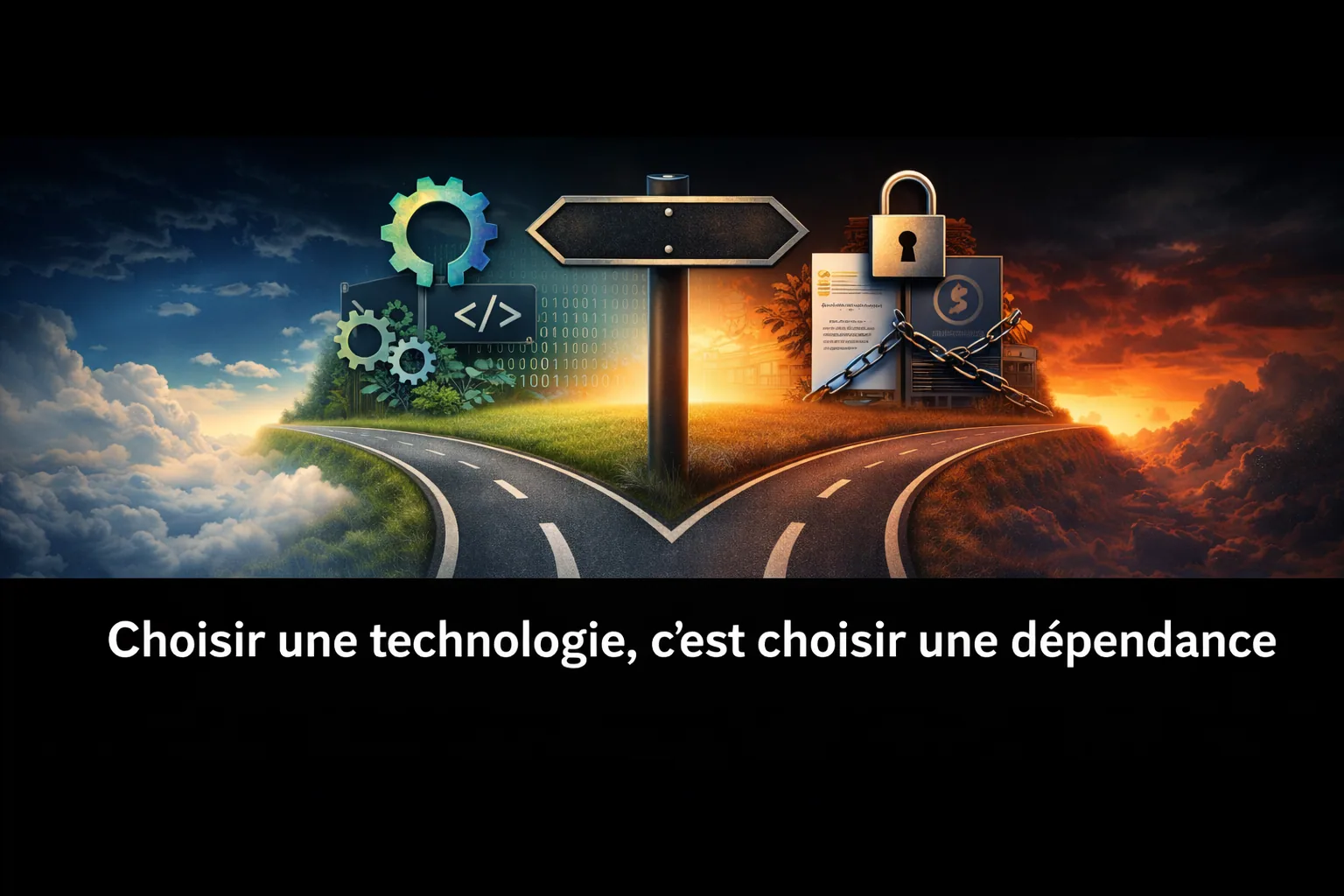 Visuel de titre « Choisir une technologie, c&rsquo;est choisir une dépendance », carrefour entre logiciel libre et propriétaire.