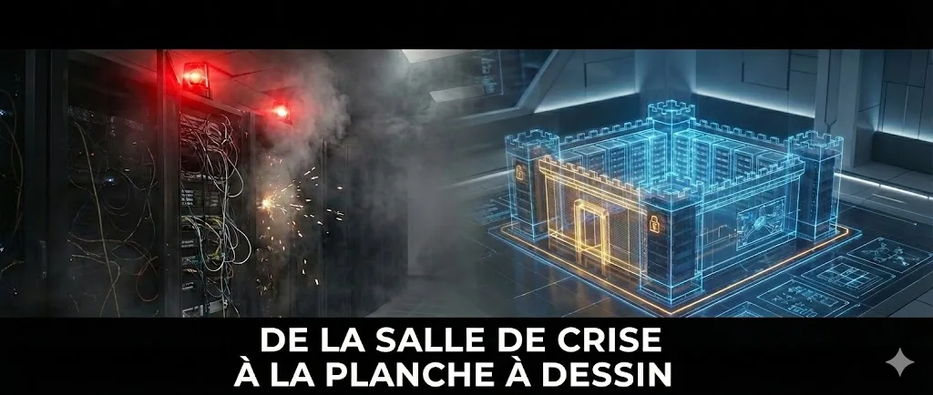 Visuel de titre « De la salle de crise à la planche à dessin », bâtiment représenté en plan filaire.