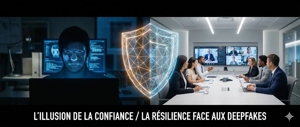 Visuel de titre « L&rsquo;illusion de la confiance : la résilience face aux deepfakes », visage recomposé face à une salle de visioconférence.