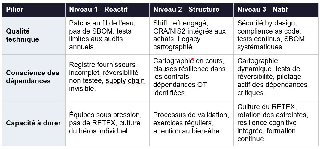 Grille de maturité à trois niveaux — réactif, structuré, natif — portant sur la qualité technique, la conscience des dépendances et la capacité à durer.