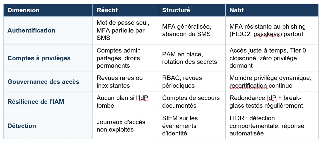 Grille de maturité IAM à trois niveaux, portant sur l&rsquo;authentification, les comptes à privilèges, la gouvernance des accès, la résilience de l&rsquo;IAM et la détection.