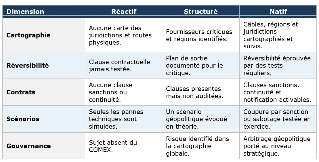 Tableau de cinq axes d&rsquo;analyse d&rsquo;une dépendance fournisseur — criticité, substituabilité, temporalité, exposition externe, maîtrise — avec la question clé et les signaux vert, orange et rouge.