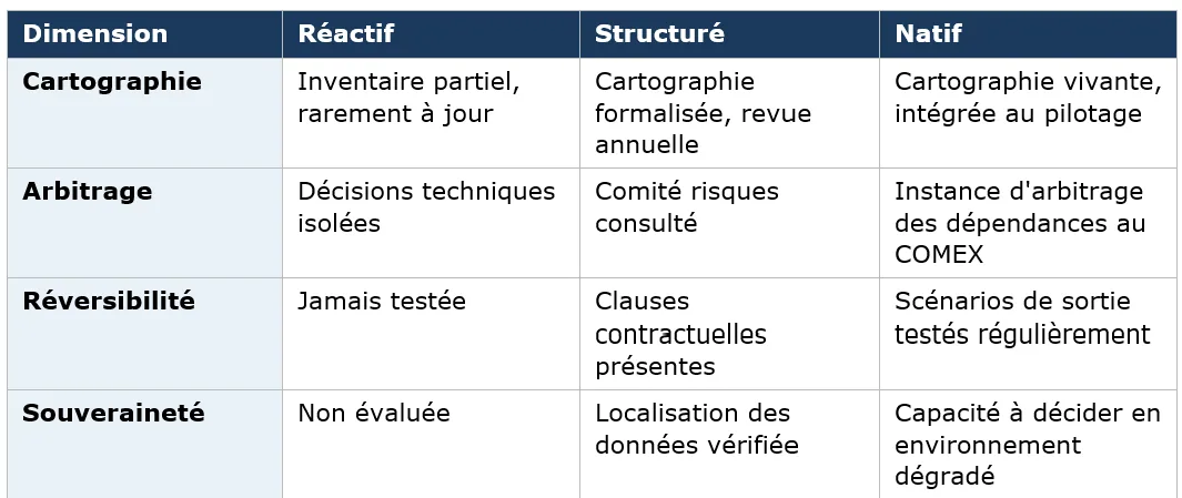Grille de maturité géopolitique à trois niveaux portant sur la cartographie des juridictions, la réversibilité, les contrats, les scénarios et la gouvernance.